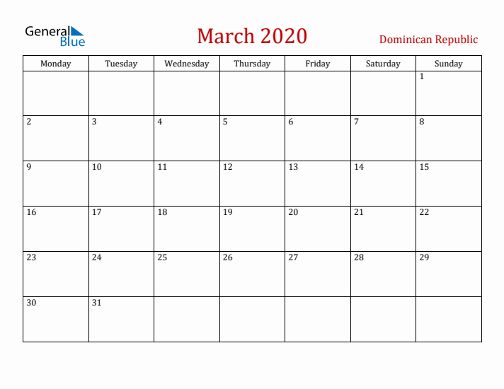 Dominican Republic March 2020 Calendar - Monday Start