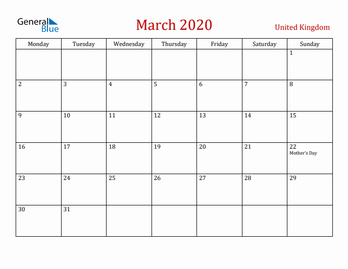 United Kingdom March 2020 Calendar - Monday Start