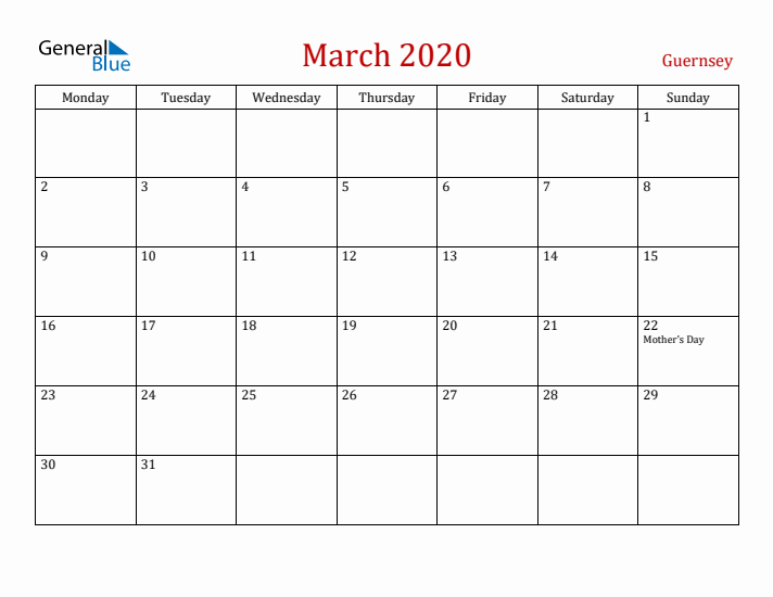 Guernsey March 2020 Calendar - Monday Start