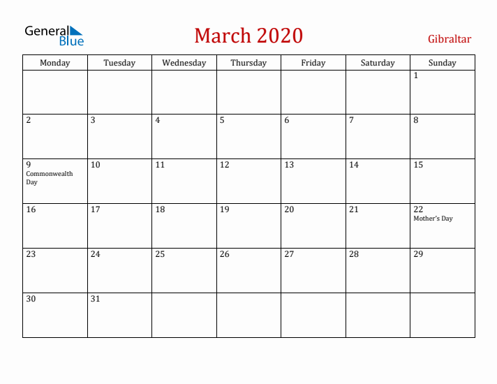 Gibraltar March 2020 Calendar - Monday Start
