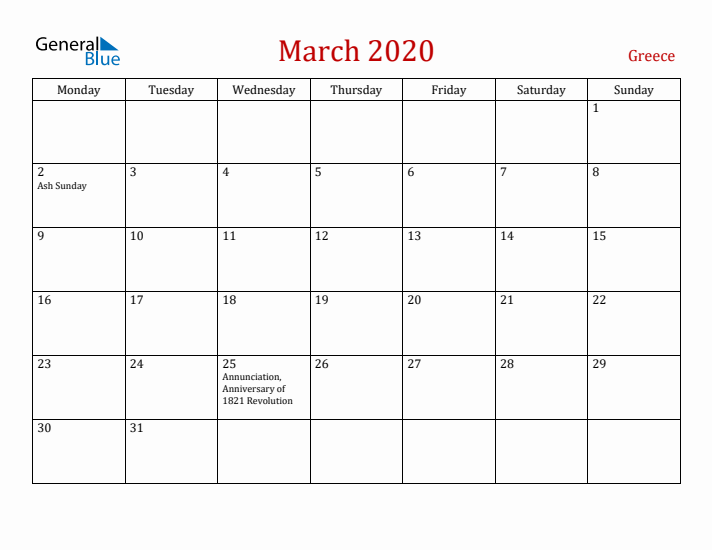 Greece March 2020 Calendar - Monday Start
