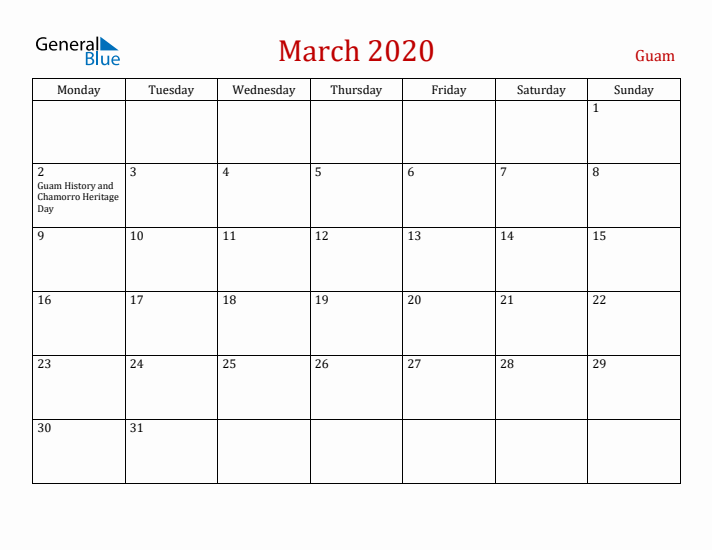 Guam March 2020 Calendar - Monday Start