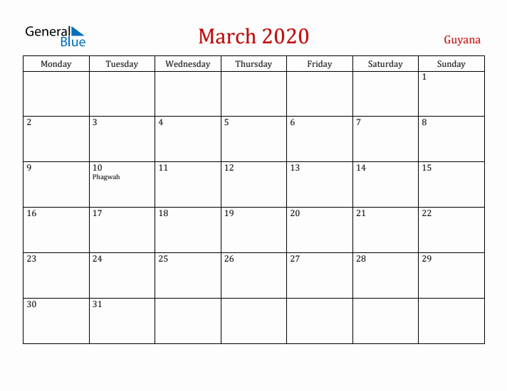 Guyana March 2020 Calendar - Monday Start