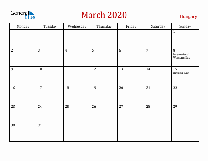 Hungary March 2020 Calendar - Monday Start