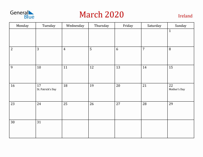 Ireland March 2020 Calendar - Monday Start
