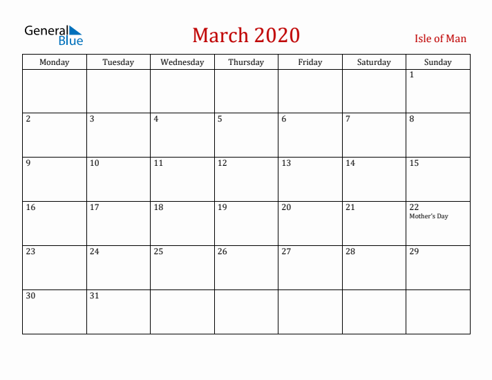 Isle of Man March 2020 Calendar - Monday Start
