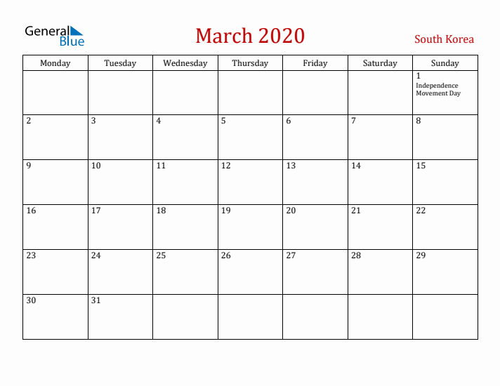 South Korea March 2020 Calendar - Monday Start