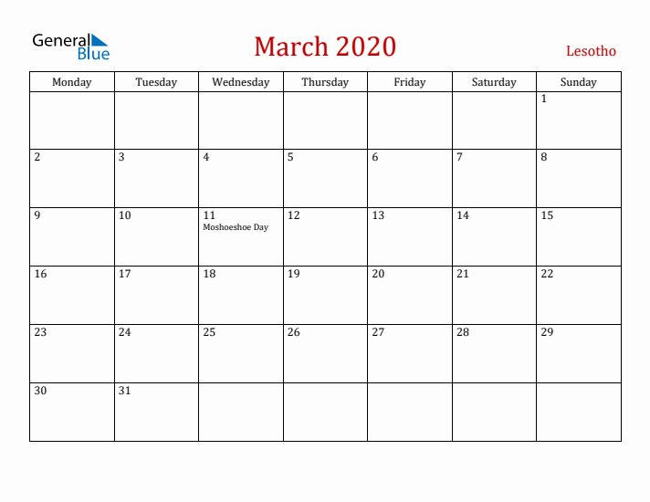 Lesotho March 2020 Calendar - Monday Start