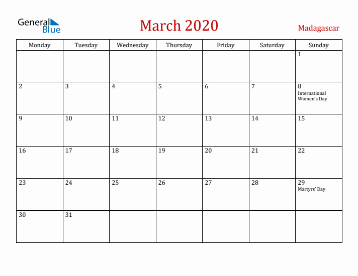 Madagascar March 2020 Calendar - Monday Start