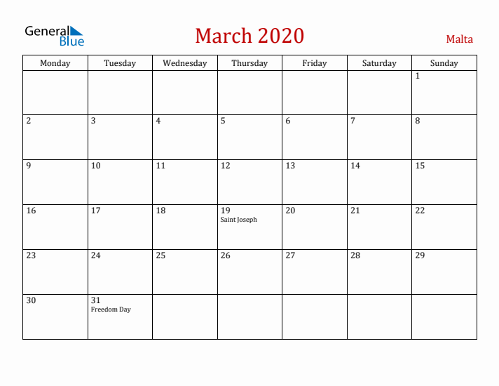 Malta March 2020 Calendar - Monday Start
