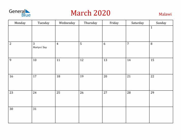 Malawi March 2020 Calendar - Monday Start