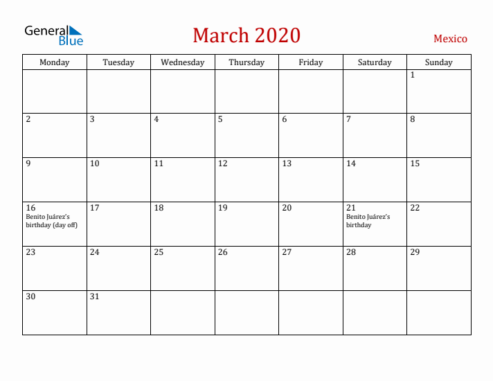 Mexico March 2020 Calendar - Monday Start