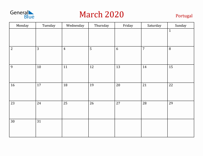 Portugal March 2020 Calendar - Monday Start