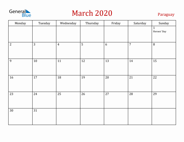 Paraguay March 2020 Calendar - Monday Start