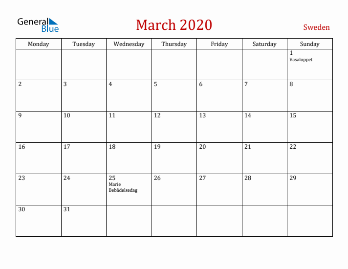 Sweden March 2020 Calendar - Monday Start