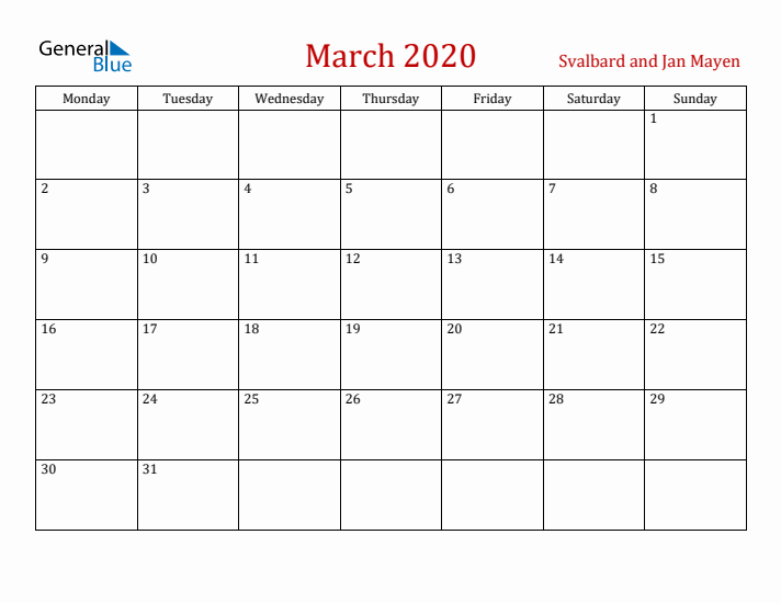 Svalbard and Jan Mayen March 2020 Calendar - Monday Start