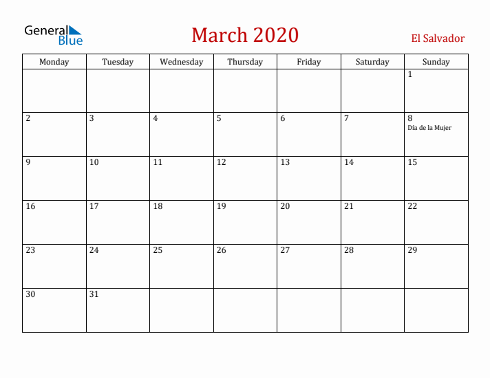 El Salvador March 2020 Calendar - Monday Start
