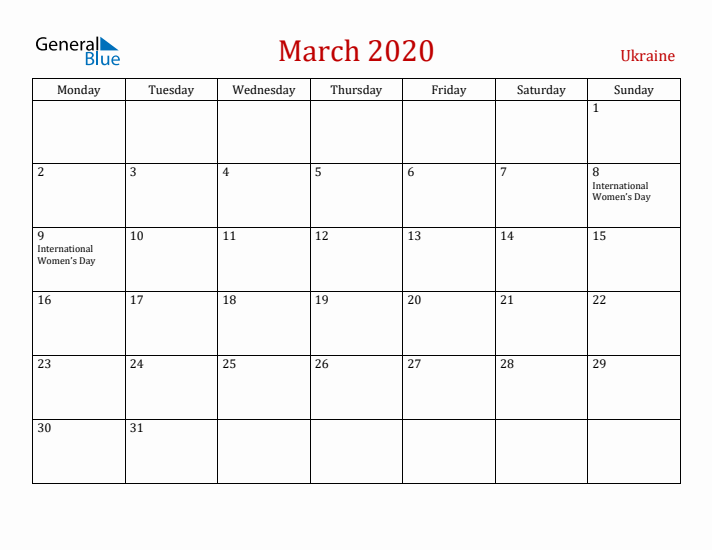 Ukraine March 2020 Calendar - Monday Start