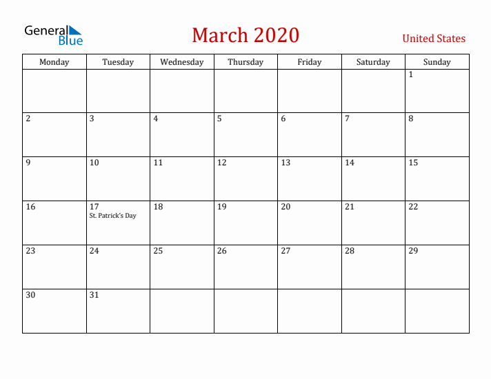 United States March 2020 Calendar - Monday Start