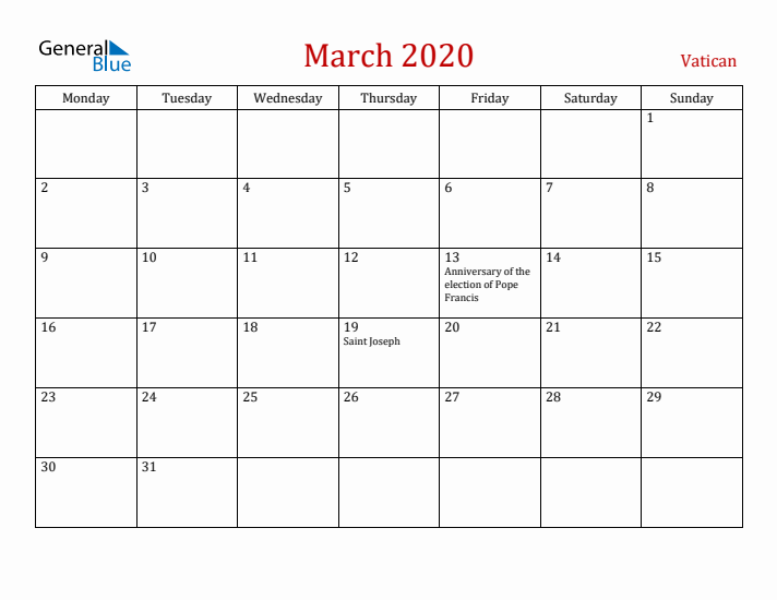 Vatican March 2020 Calendar - Monday Start