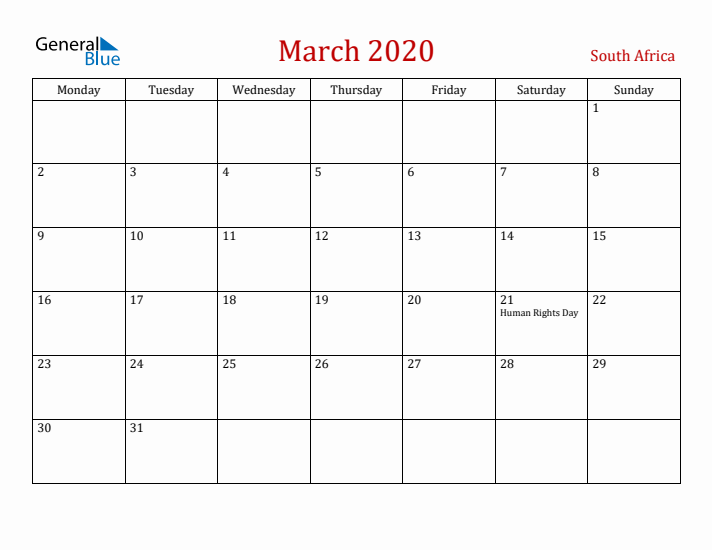 South Africa March 2020 Calendar - Monday Start