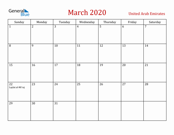 United Arab Emirates March 2020 Calendar - Sunday Start