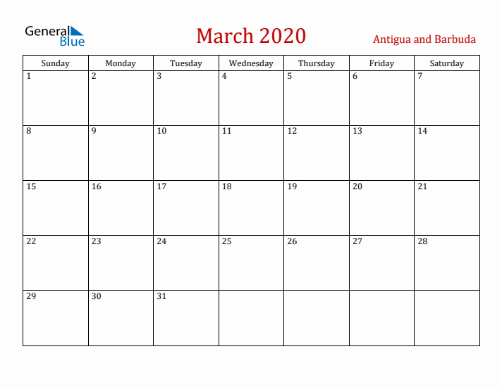 Antigua and Barbuda March 2020 Calendar - Sunday Start