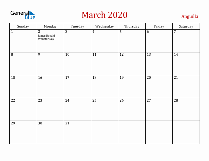 Anguilla March 2020 Calendar - Sunday Start