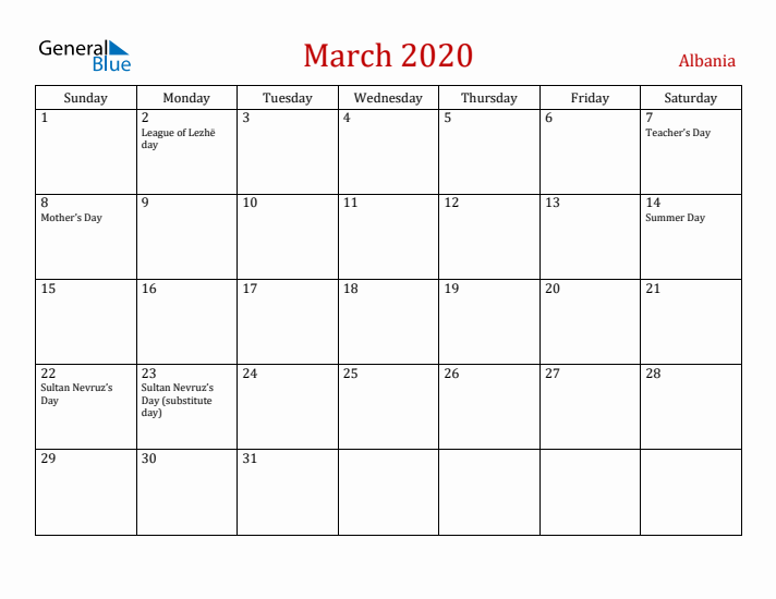 Albania March 2020 Calendar - Sunday Start