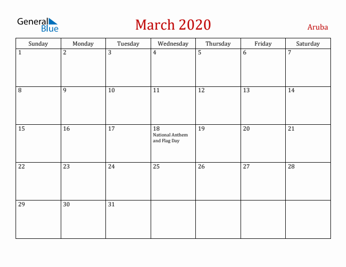 Aruba March 2020 Calendar - Sunday Start