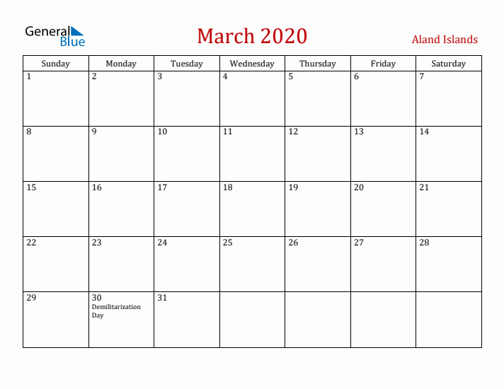 Aland Islands March 2020 Calendar - Sunday Start