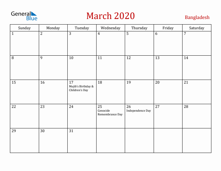 Bangladesh March 2020 Calendar - Sunday Start