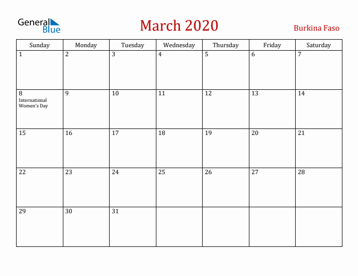 Burkina Faso March 2020 Calendar - Sunday Start