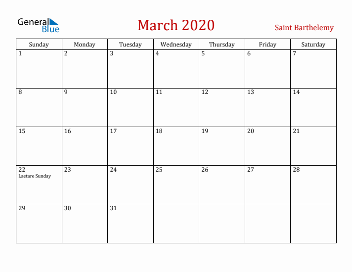 Saint Barthelemy March 2020 Calendar - Sunday Start