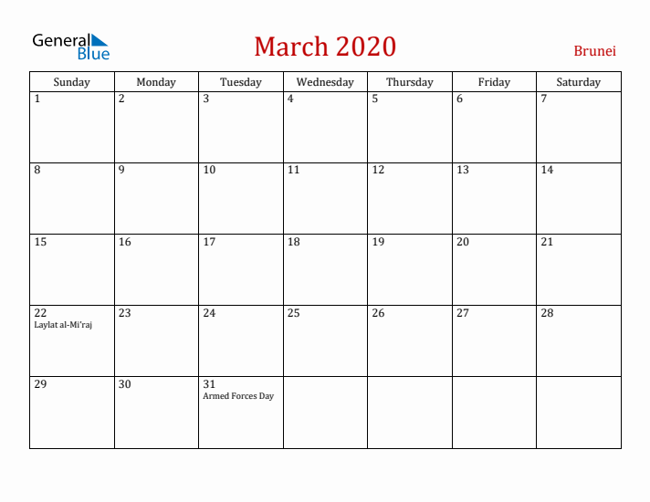 Brunei March 2020 Calendar - Sunday Start