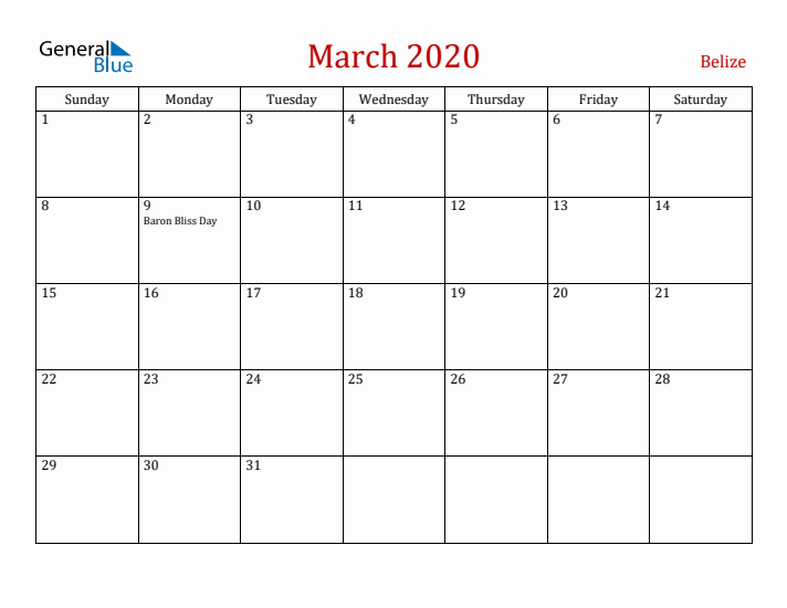 Belize March 2020 Calendar - Sunday Start