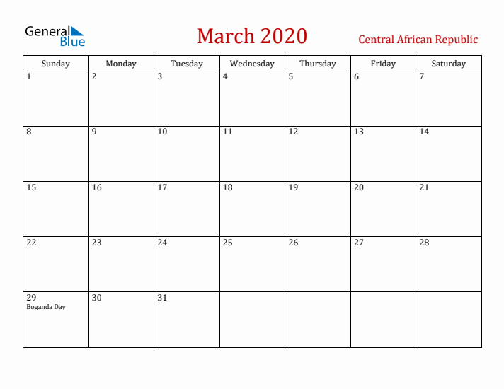 Central African Republic March 2020 Calendar - Sunday Start