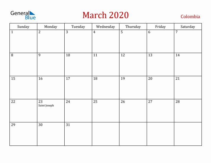 Colombia March 2020 Calendar - Sunday Start