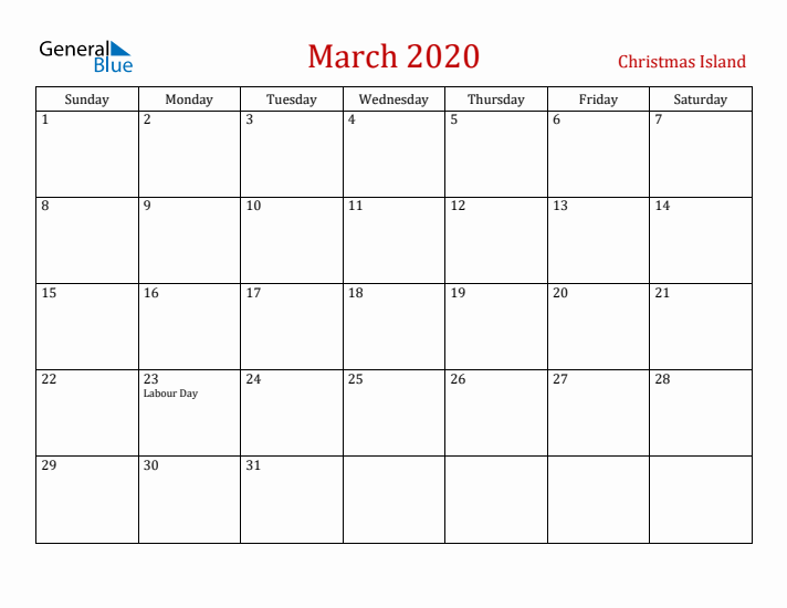 Christmas Island March 2020 Calendar - Sunday Start