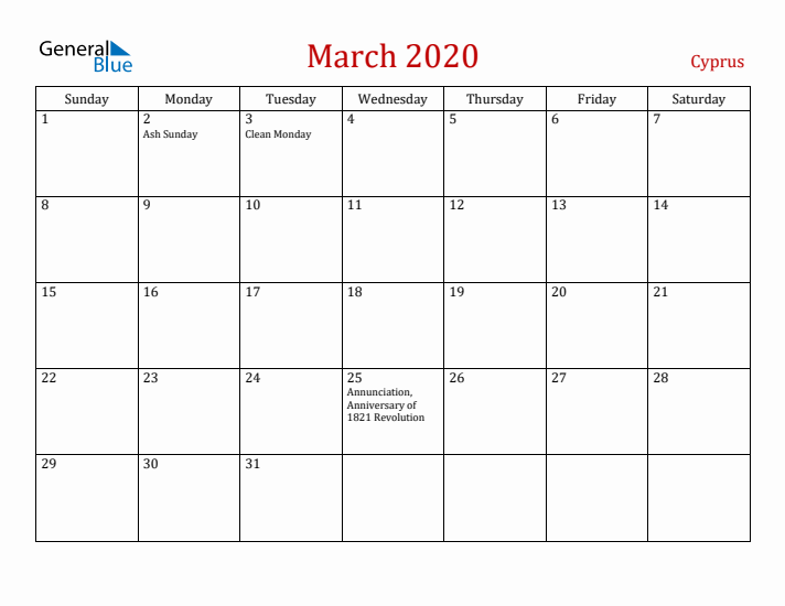 Cyprus March 2020 Calendar - Sunday Start