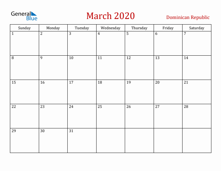 Dominican Republic March 2020 Calendar - Sunday Start