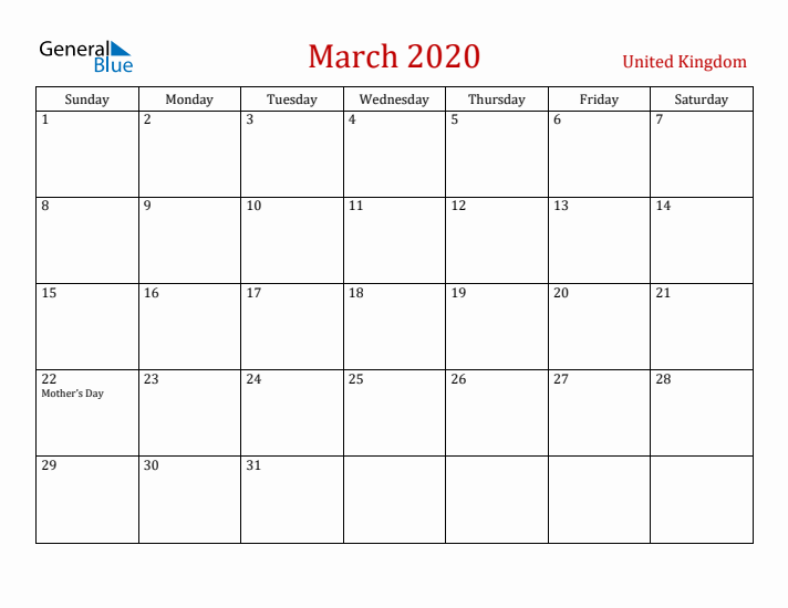 United Kingdom March 2020 Calendar - Sunday Start