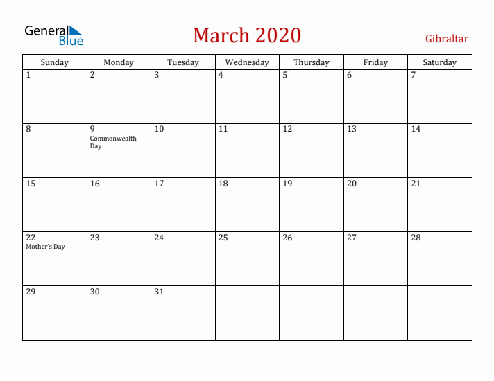 Gibraltar March 2020 Calendar - Sunday Start