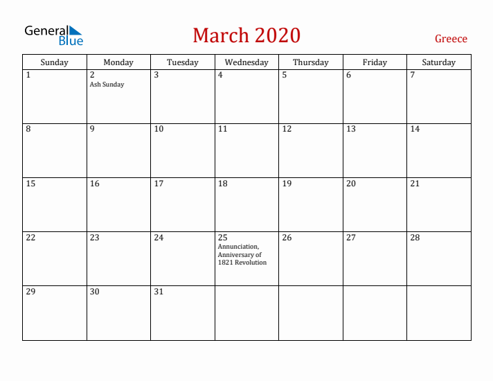 Greece March 2020 Calendar - Sunday Start