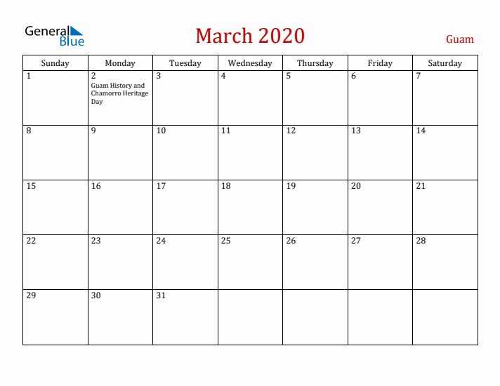 Guam March 2020 Calendar - Sunday Start