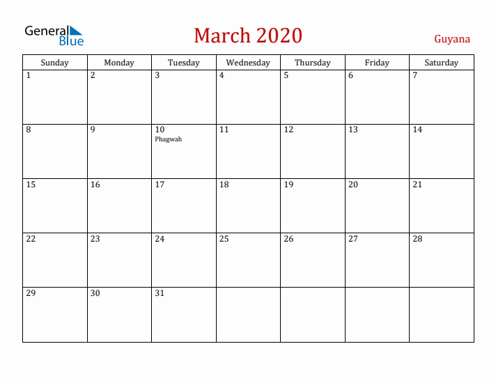 Guyana March 2020 Calendar - Sunday Start