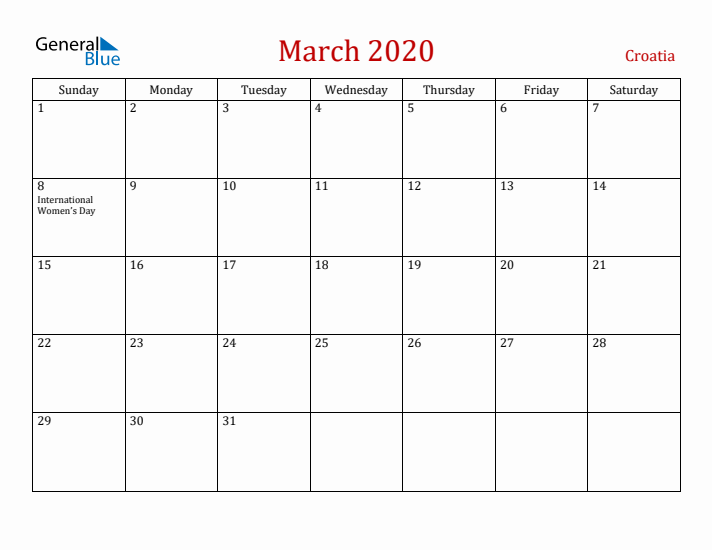 Croatia March 2020 Calendar - Sunday Start