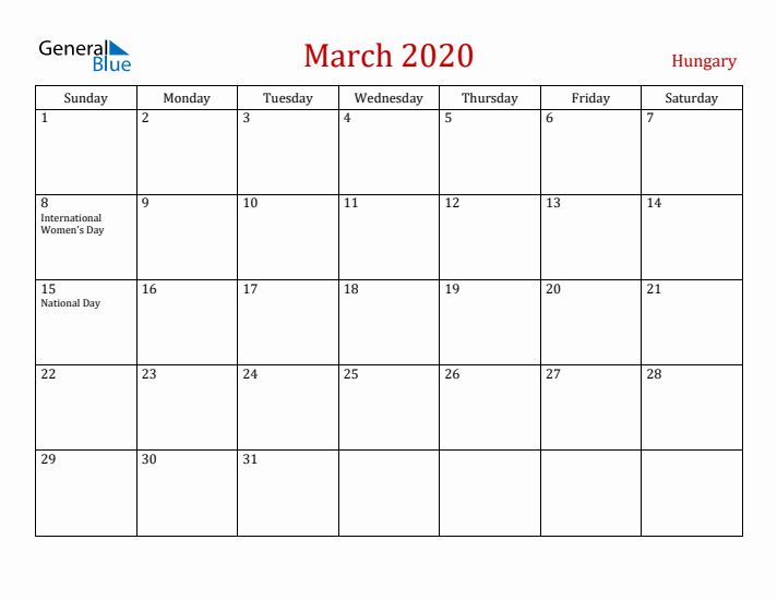 Hungary March 2020 Calendar - Sunday Start