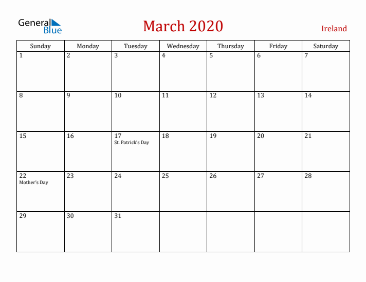 Ireland March 2020 Calendar - Sunday Start