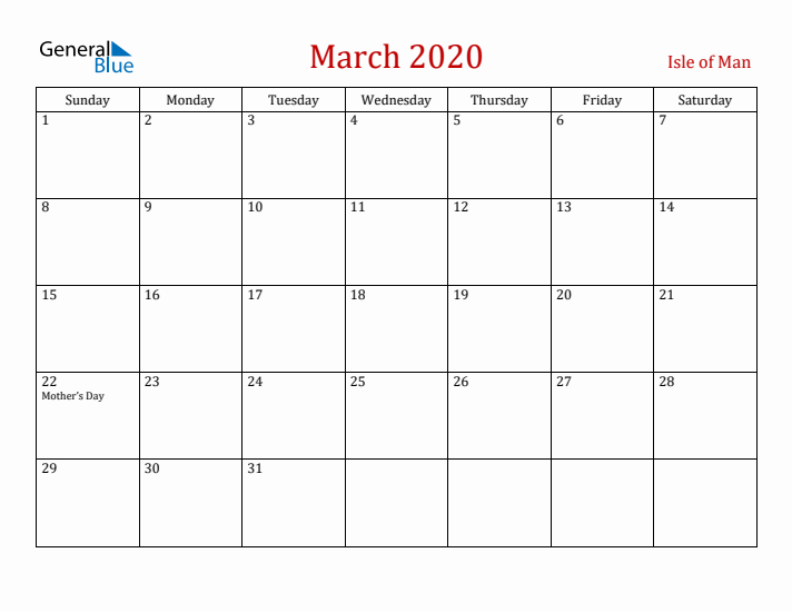 Isle of Man March 2020 Calendar - Sunday Start